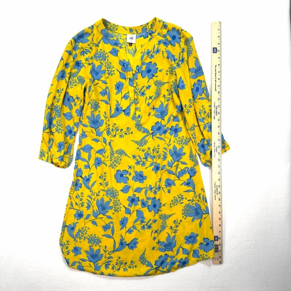 Cabi Women's Lemon Drop Yellow Blue Midi Floral Long Sleeve Dress Size Small - Picture 4 of 6